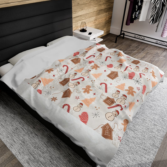 Cute Winter Gingerbread and Snowman Velveteen Plush Blanket