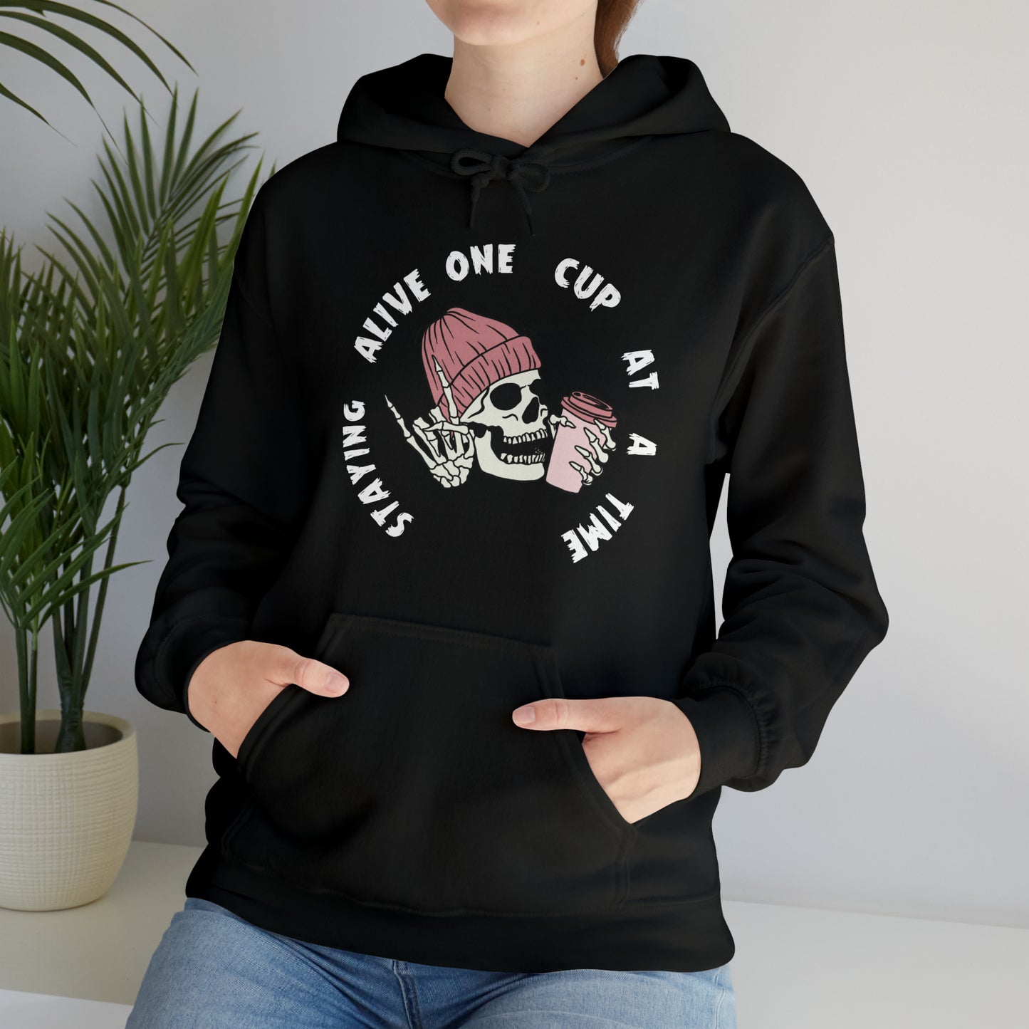 Staying Alive Skeleton Drinking Coffee Lovers Hooded Sweatshirt